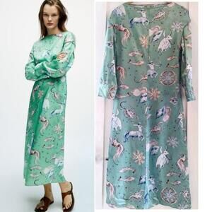 NEW Zara | Zodiac print satin midi dress in green